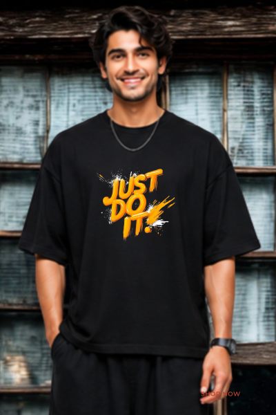 Men~s Black Just Do It  Typographic  Oversized T-shirt