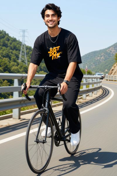 Men's Black Just Do It  Typographic  Oversized T-shirt