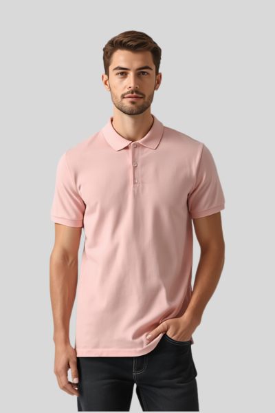 Men~s Soft Pink White Solid Cotton Polo T-shirt