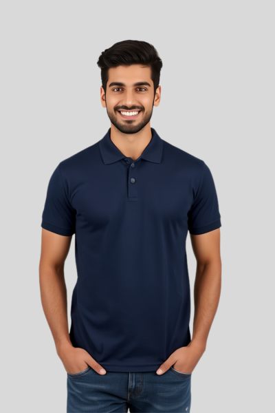 Men~s Vega Navy Blue Solid Cotton Polo T-shirt
