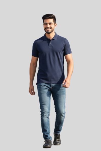 Men's Vega Navy Blue Solid Cotton Polo T-shirt