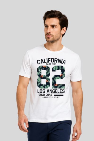 Men~s White American 82  Typographic Round Neck T-shirt