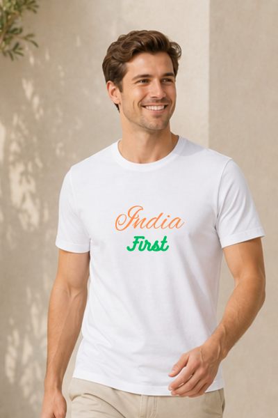 Men~s White India First Typographic Round Neck T-shirt