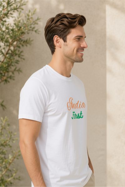 Men's White India First Typographic Round Neck T-shirt
