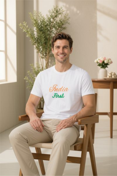 Men's White India First Typographic Round Neck T-shirt