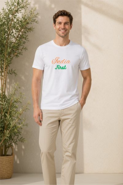 Men's White India First Typographic Round Neck T-shirt
