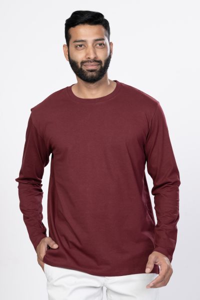 Shleviro Men~s Cygnus Maroon Solid Cotton Full Sleeve T-shirt