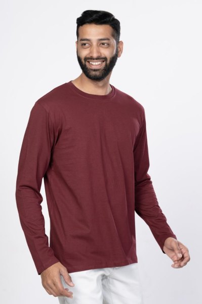 Shleviro Men's Cygnus Maroon Solid Cotton Full Sleeve T-shirt