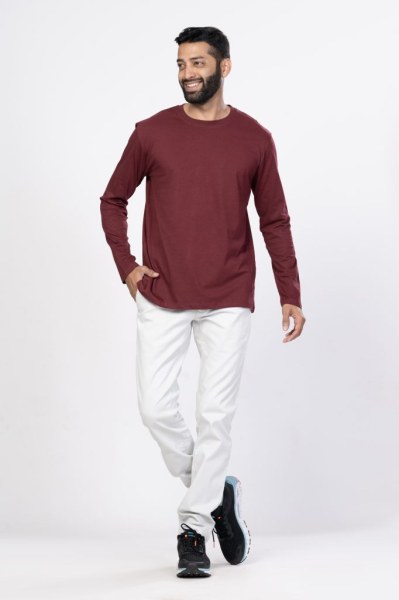 Shleviro Men's Cygnus Maroon Solid Cotton Full Sleeve T-shirt