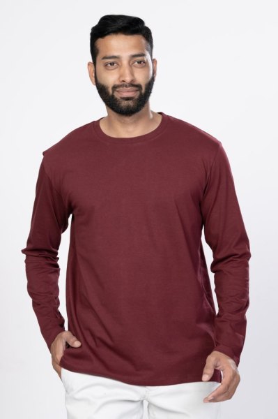 Shleviro Men's Cygnus Maroon Solid Cotton Full Sleeve T-shirt