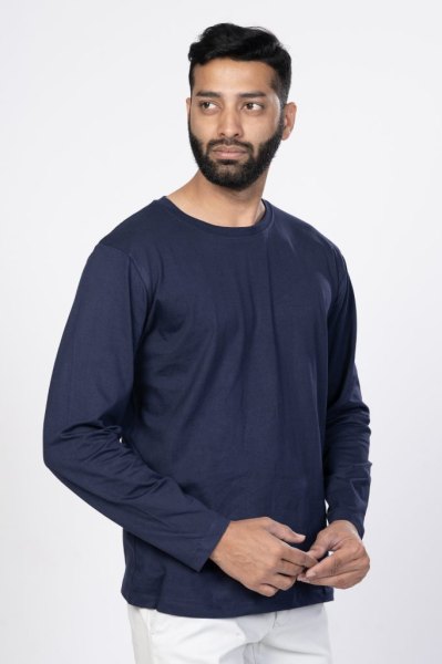 Shleviro Men's Cygnus Navy Blue Solid Cotton Full Sleeve T shirt