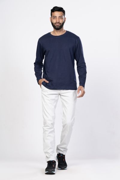 Shleviro Men's Cygnus Navy Blue Solid Cotton Full Sleeve T shirt
