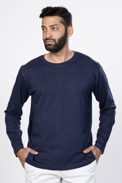 Shleviro Men's Cygnus Navy Blue Solid Cotton Full Sleeve T shirt