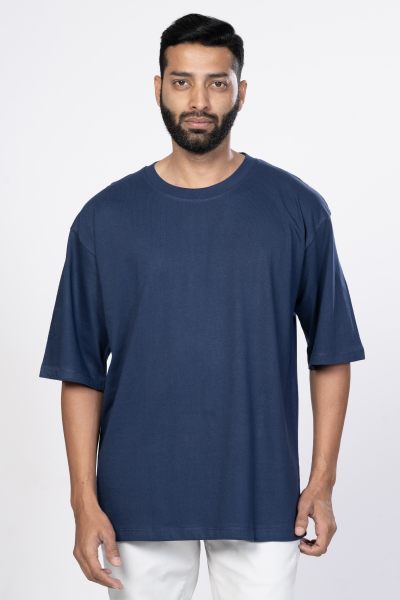 Shleviro Men~s Leo Navy Blue Solid Round Neck Oversized T-shirt