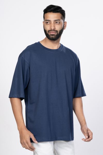 Shleviro Men's Neo Navy Blue Solid Round Neck Oversized T-shirt