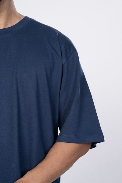 Shleviro Men's Neo Navy Blue Solid Round Neck Oversized T-shirt