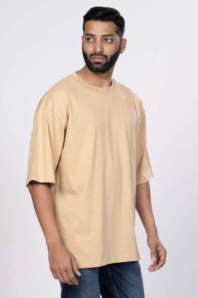 Shleviro Men's Neo Taupe Solid round neck Oversized T-shirt