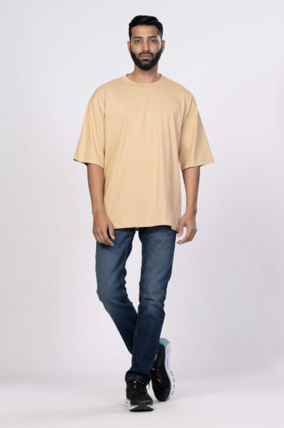 Shleviro Men's Neo Taupe Solid round neck Oversized T-shirt