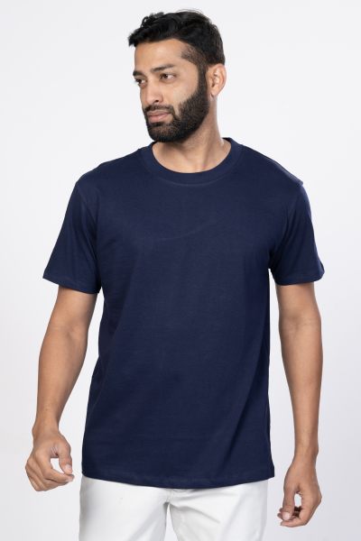 Shleviro Men~s Platinum Navy Blue Solid Round Neck T-shirt