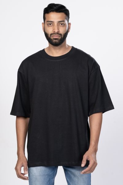 Shleviro Men~s Neo Black Solid Round Neck Oversized T-shirt